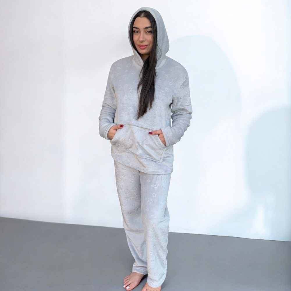 Woman Pyjamas Coral Fleece With Hat Sky Grey - Big Sizes Available