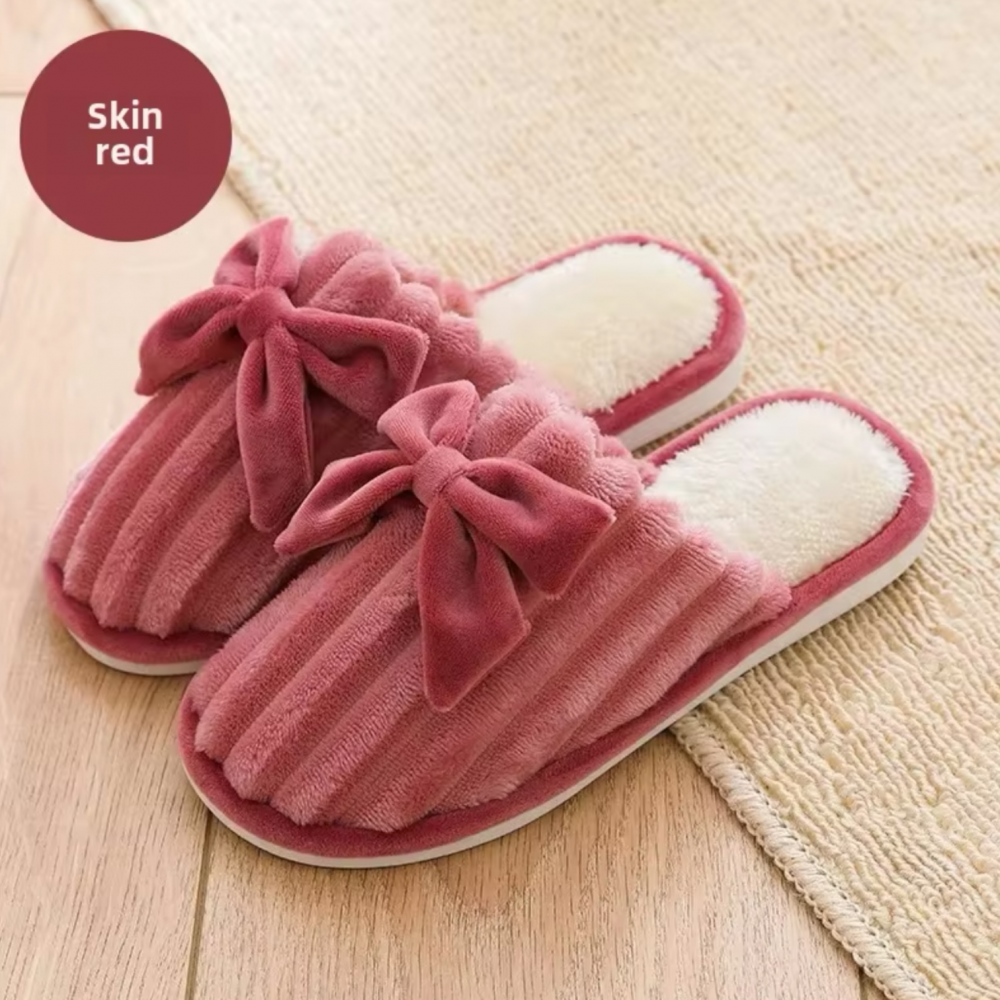 Woman Winter Slippers with Bow - Light Red