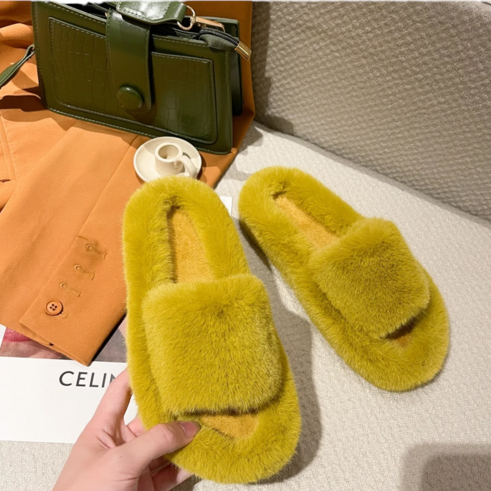 Woman Winter Slippers Faux Fur Yellow