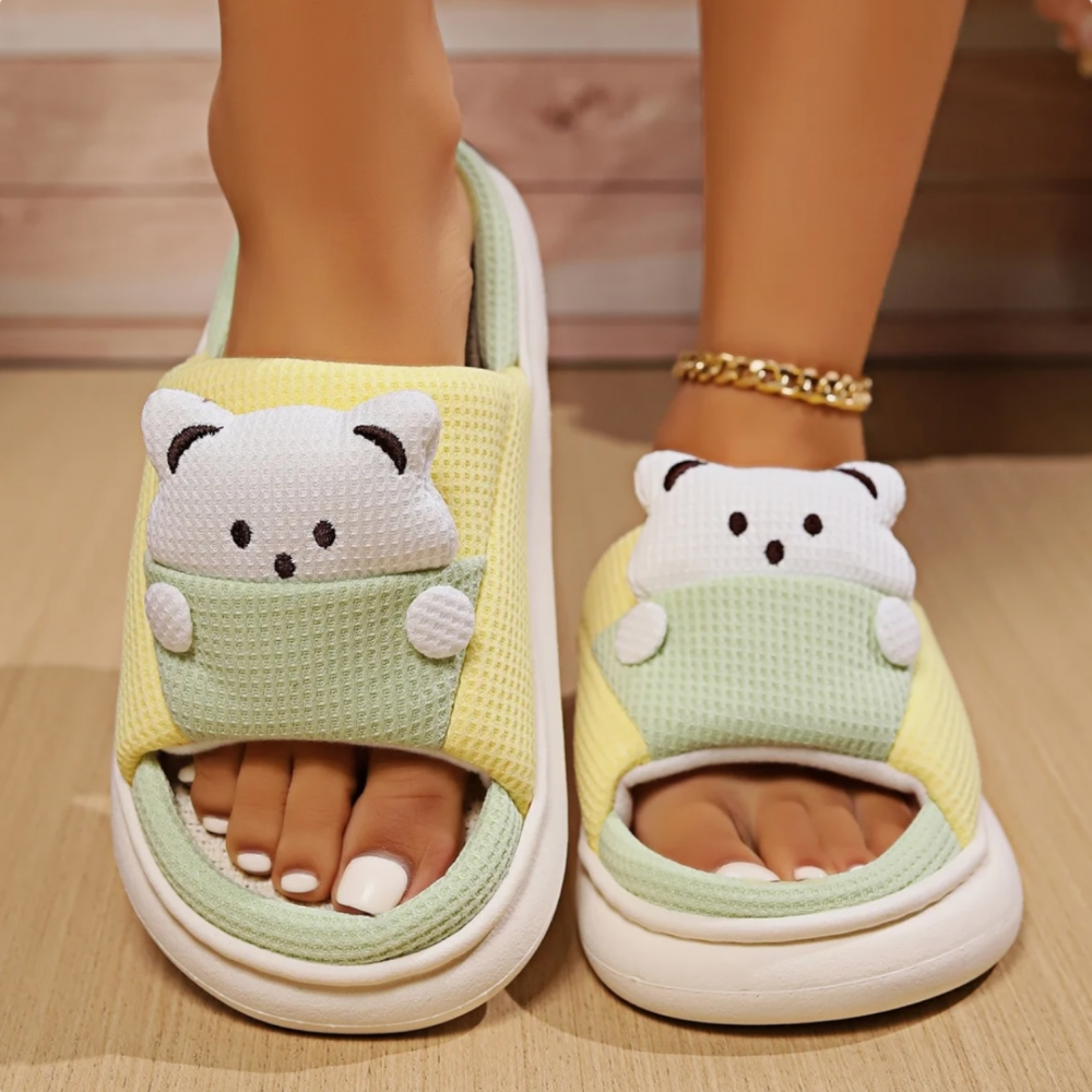 Woman Winter Slippers Open Toe Bear Green