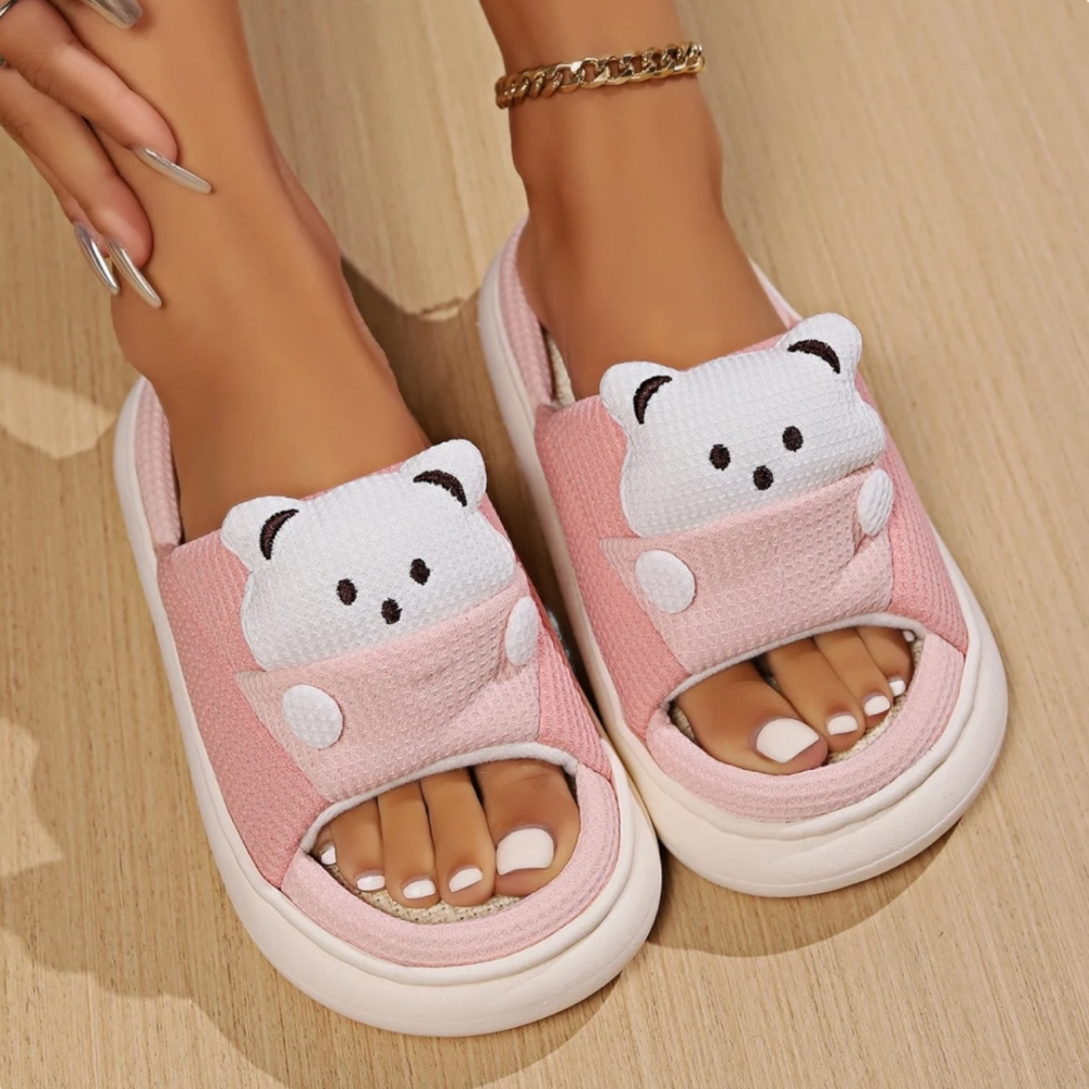 Woman Winter Slippers Open Toe Bear Pink