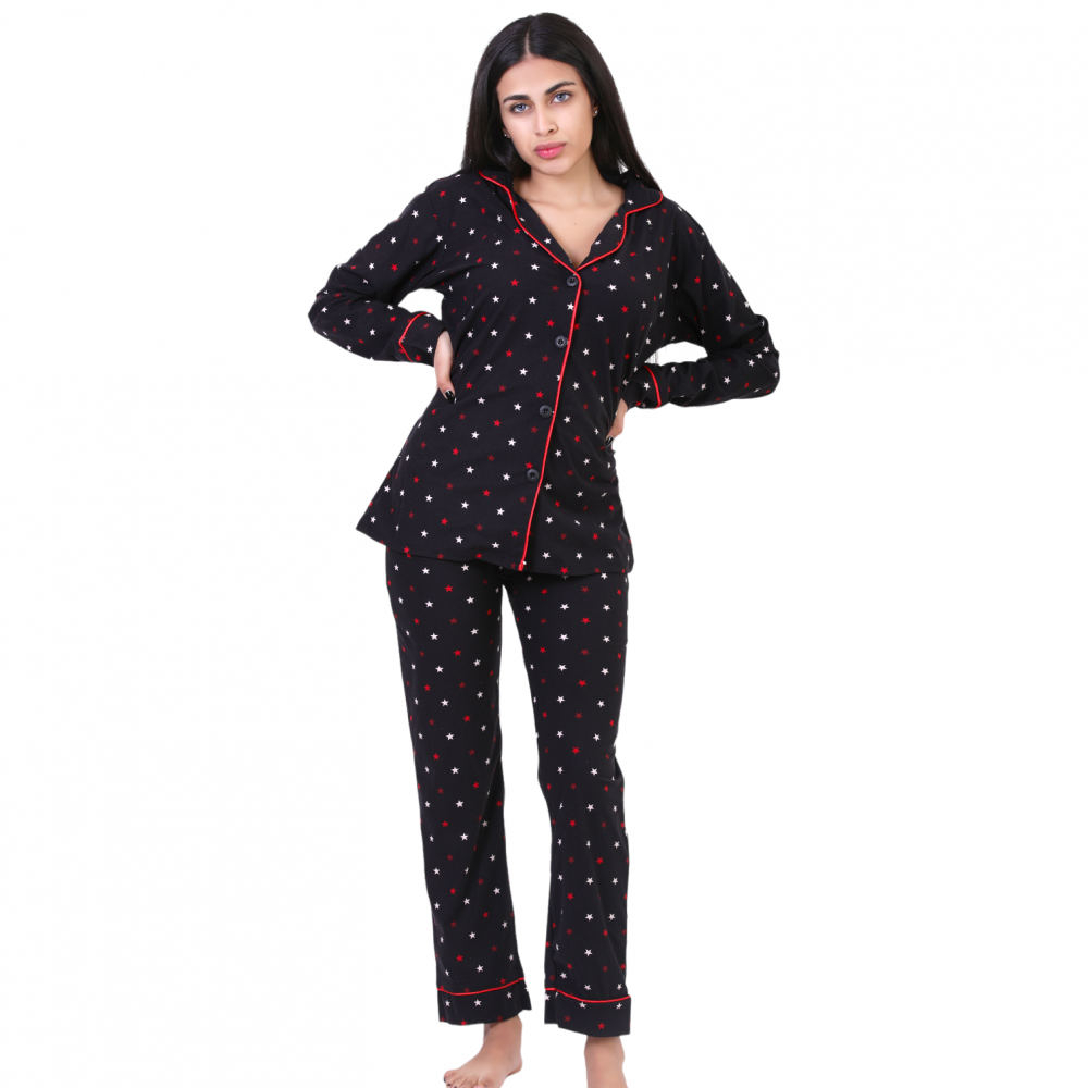 Women Pyjamas Button Through Stars Black