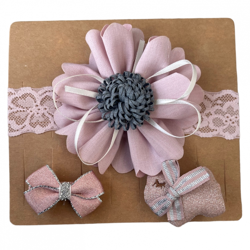 Hair Clips + headband Set of 3 Flower Pink