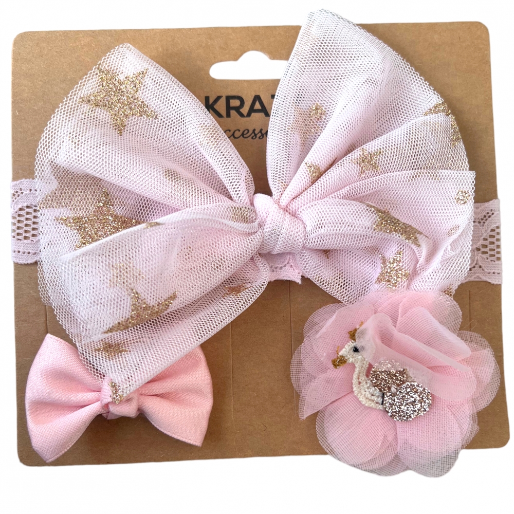 Hair Clips + headband Set of 3  Pink Stars
