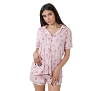 Woman Summer Pyjama Buttons Coffee Pink