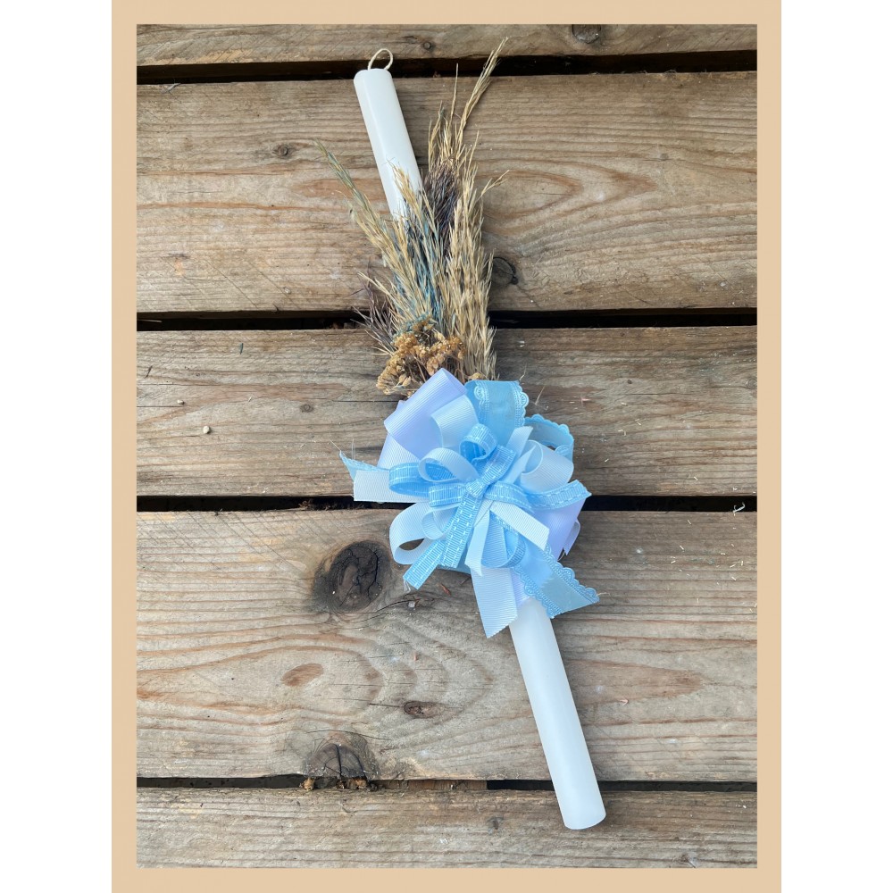 Palm Sunday Candle flower blue ribbon