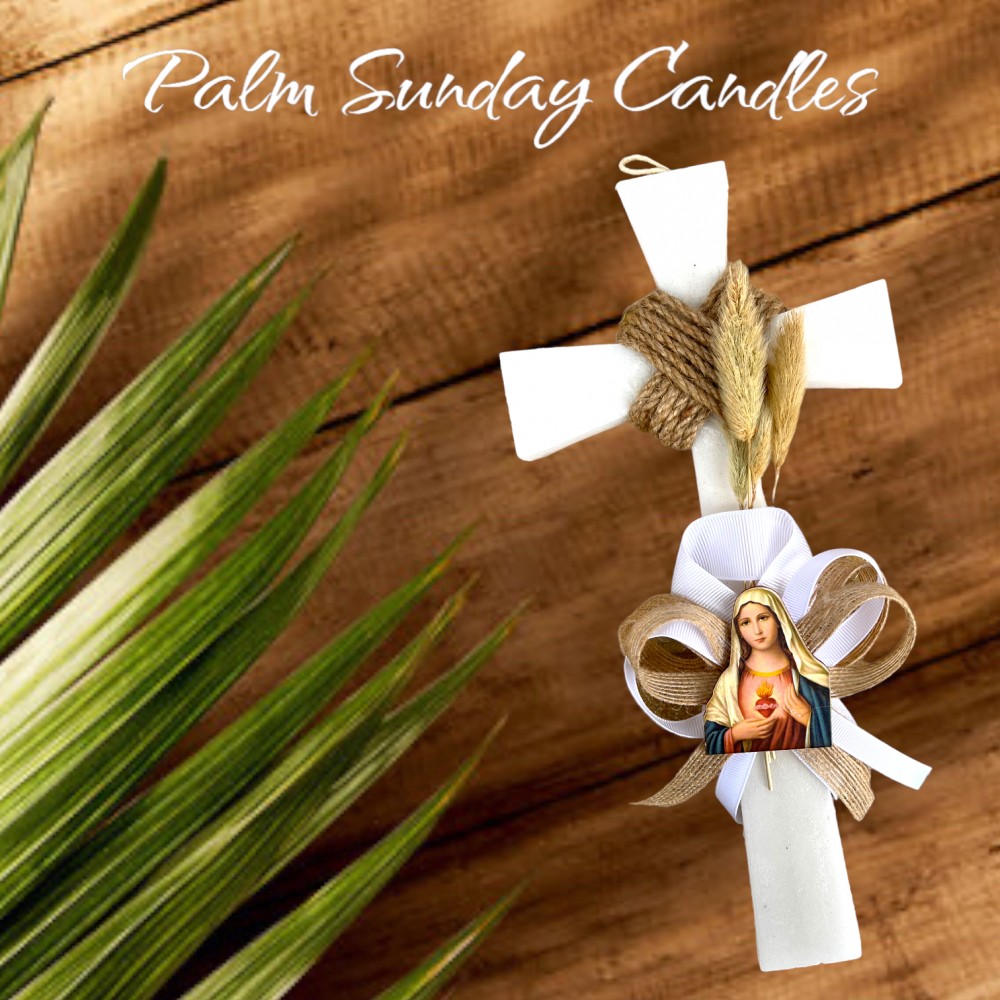 Palm Sunday Candle Cross Jute Virgin Mary White