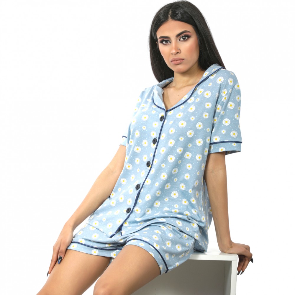 Woman Summer Pyjama Buttons Daisy Blue