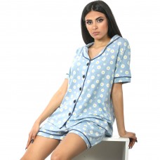 Woman Summer Pyjama Buttons Daisy Blue
