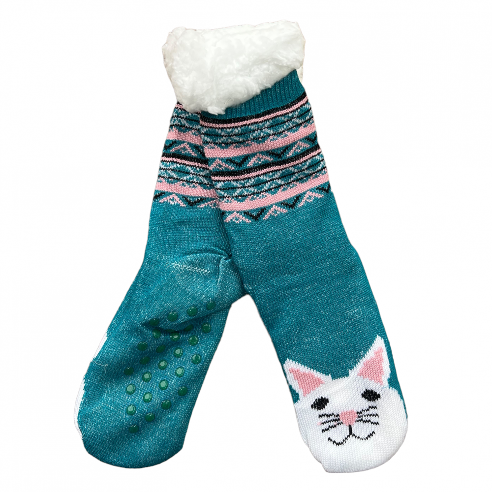 Women Winter Home Socks Cat Green