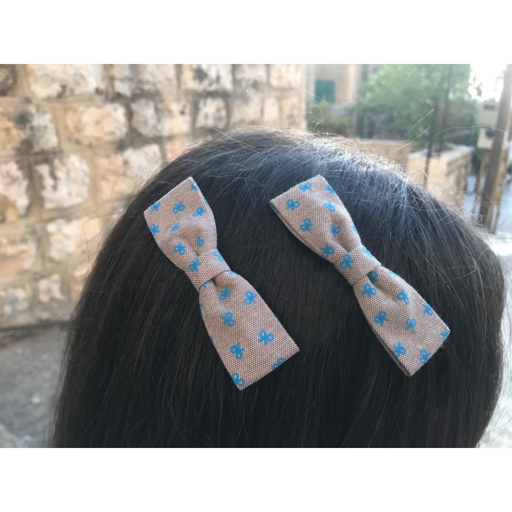 Girls Hair Clips  Bow Tie Grey And Blue