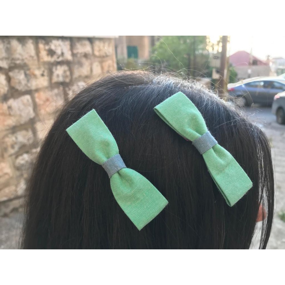 Girls Hair Clips  Bow Tie Grey And Green