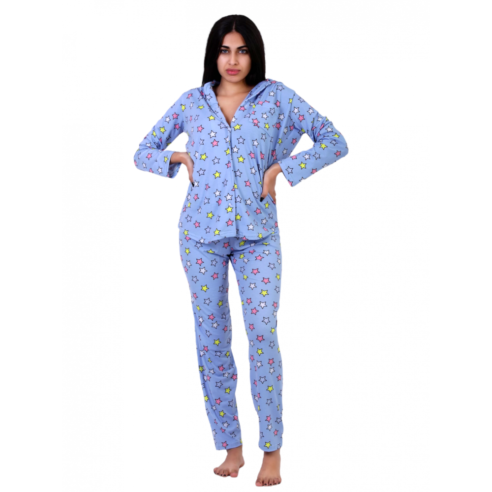 Women Pyjamas Stars Blue with Buttons 