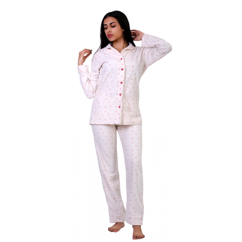 Women Pyjamas Button Through Polar Offwhite Hearts