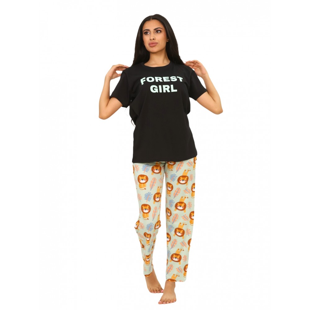 Woman Summer Pyjamas Pants Forest Girl Black