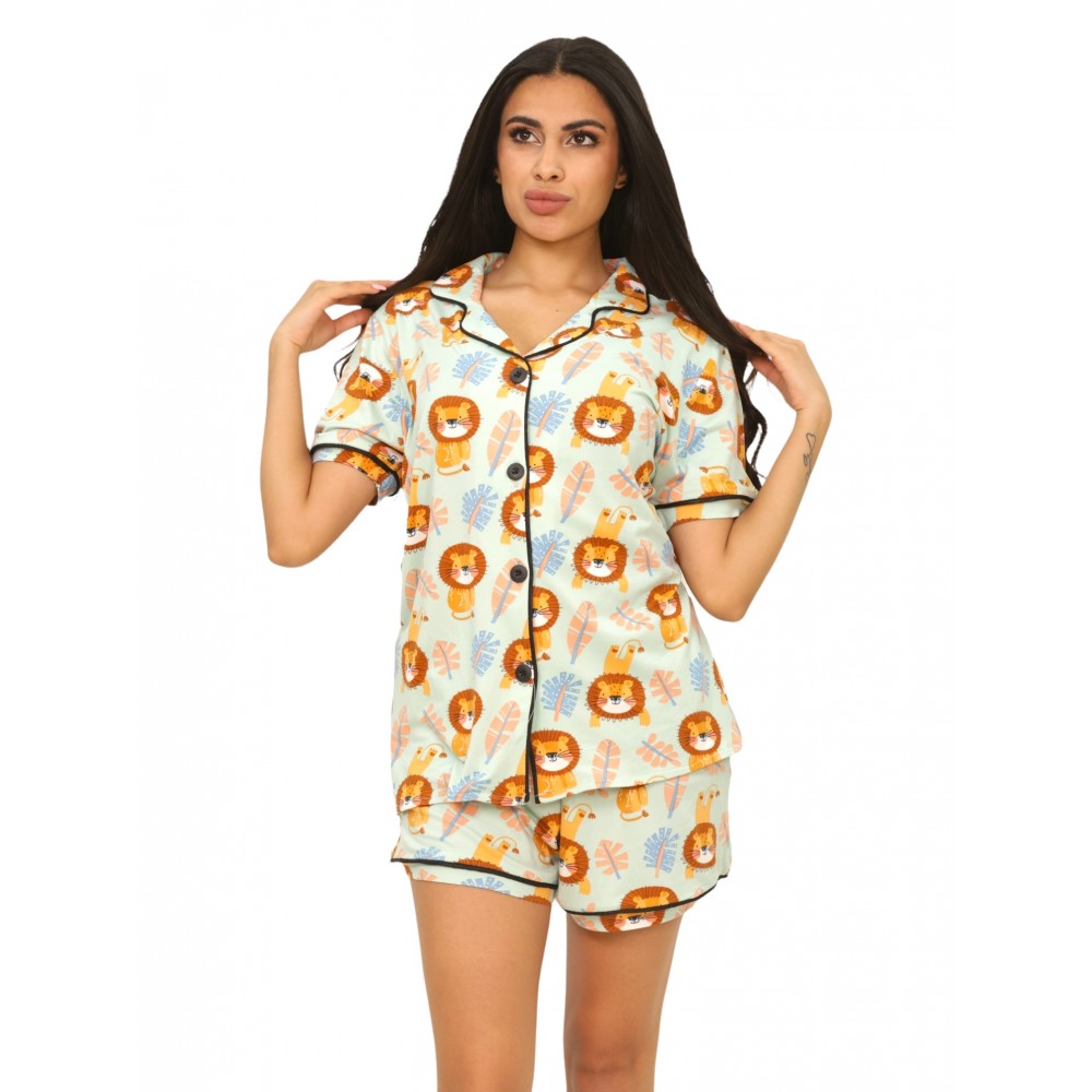 Woman Summer Pyjamas Set Shorts Button Trough Forest Girl