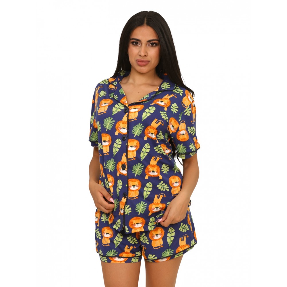 Woman Summer Pyjamas Set Shorts Button Trough Lion Love