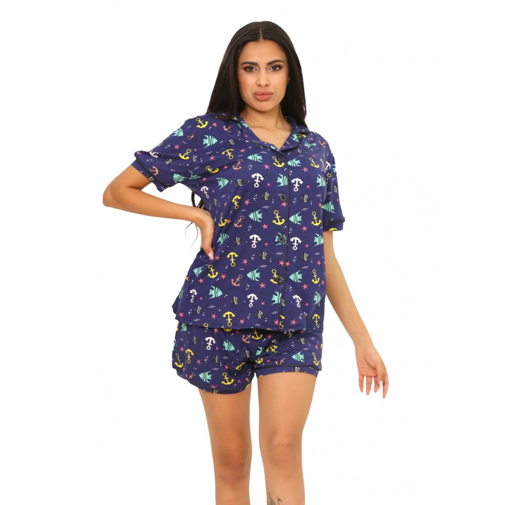 Woman Summer Pyjamas Set Shorts Button Trough Sea